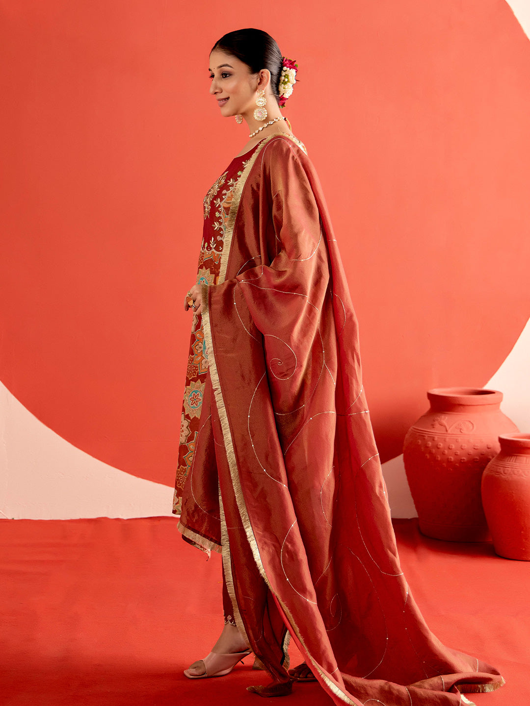 Floral Embroidered A-Line Tissue Kurta & Trousers Sets