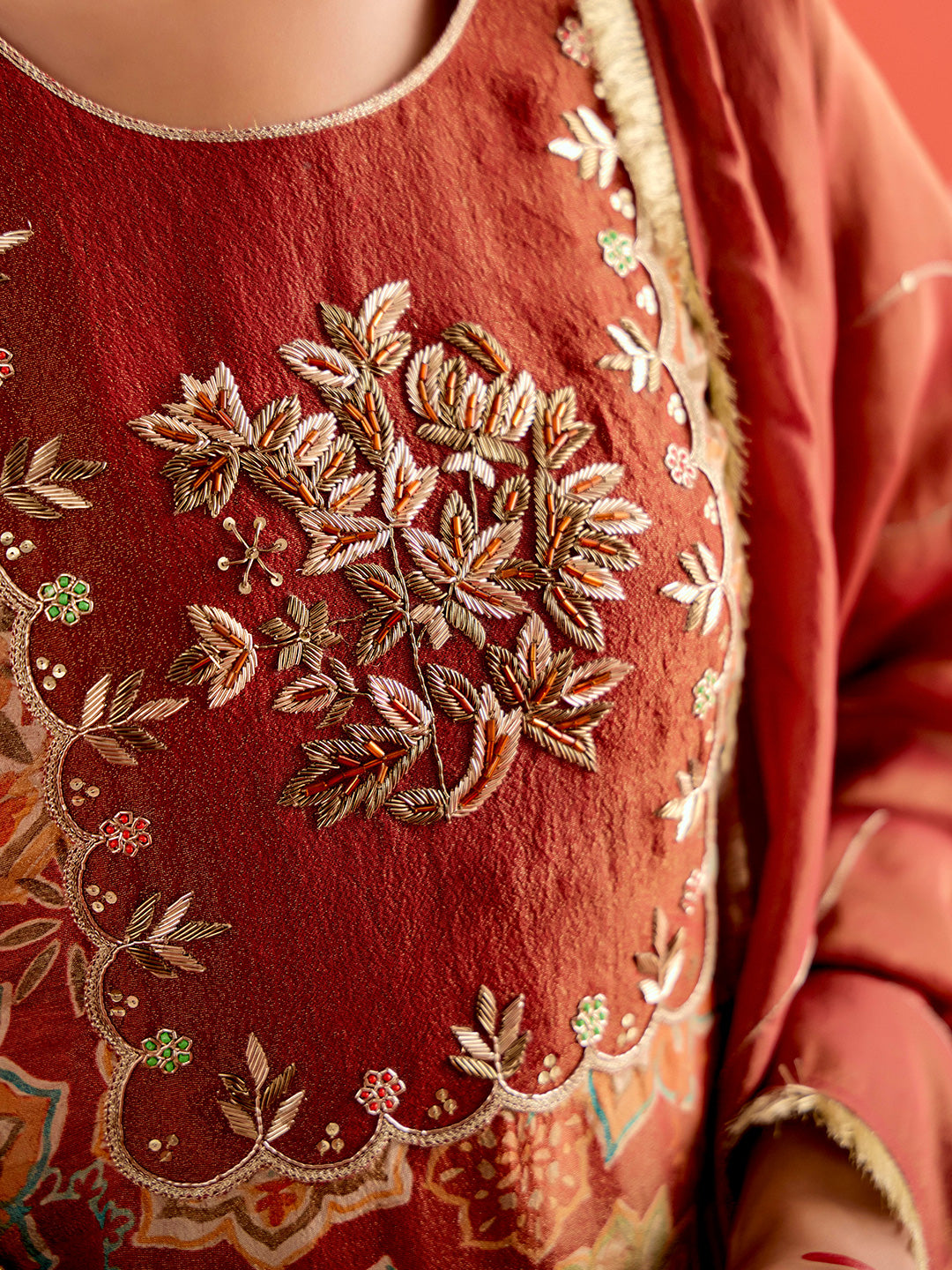 Floral Embroidered A-Line Tissue Kurta & Trousers Sets