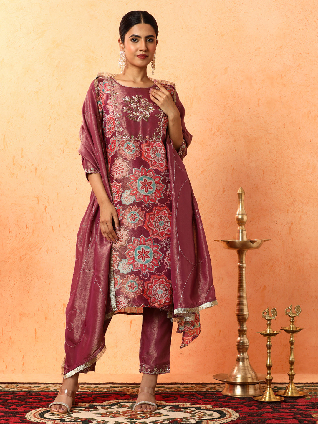 Floral Embroidered A-Line Silk Blend Kurta & Trousers Sets