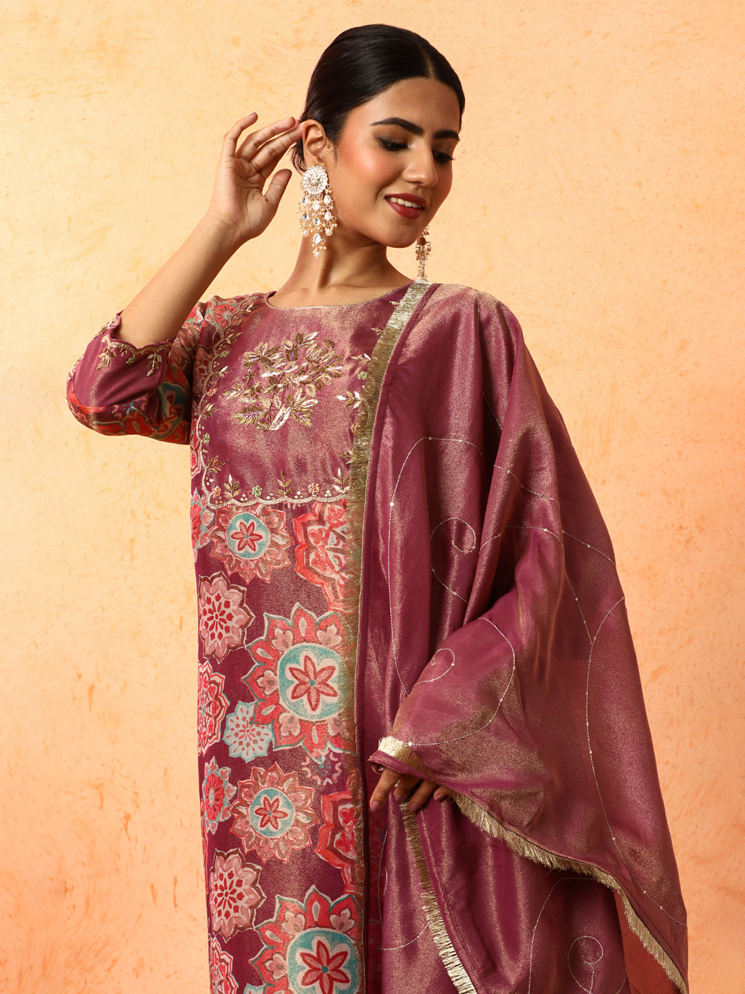 Floral Embroidered A-Line Silk Blend Kurta & Trousers Sets