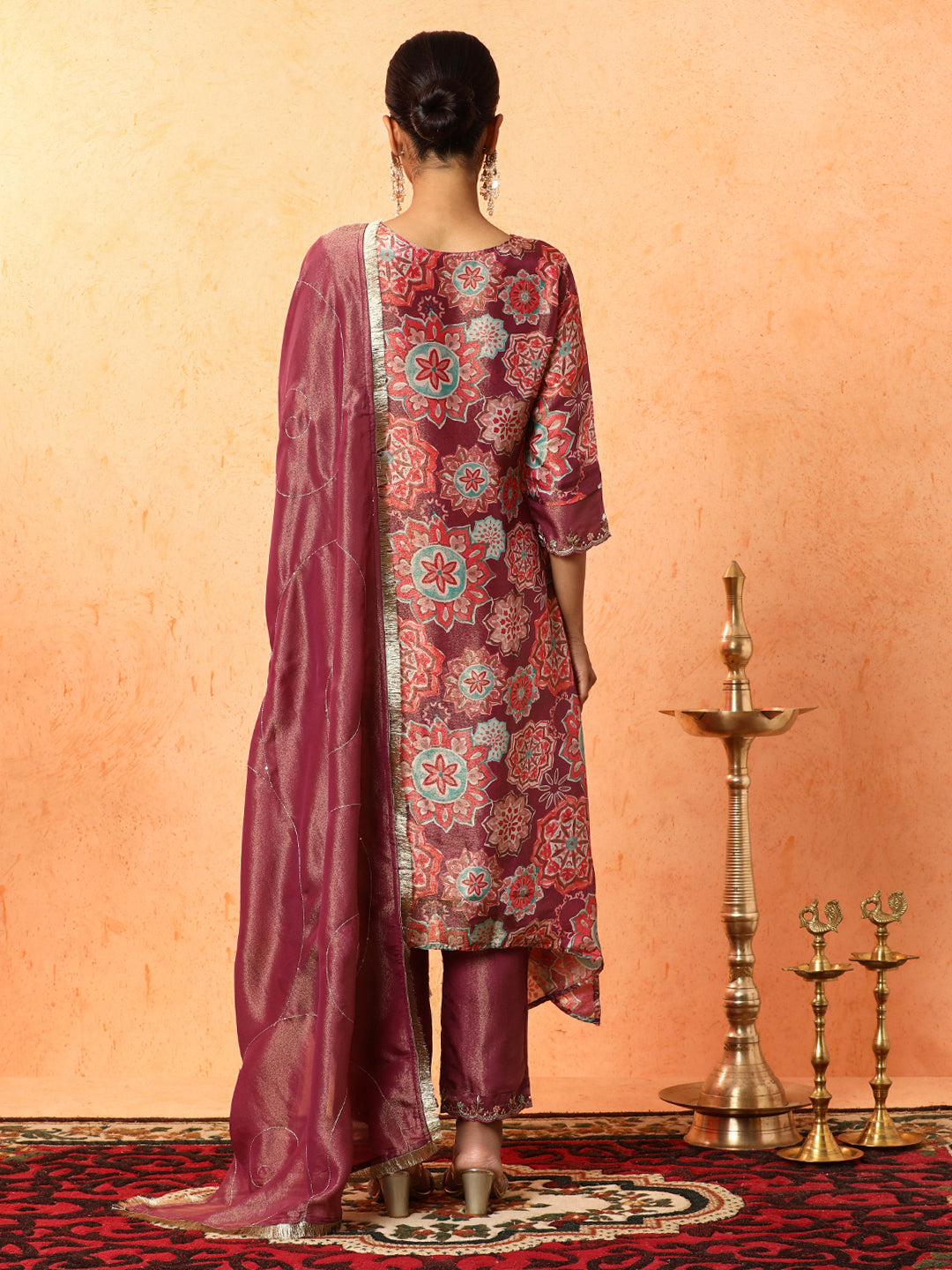 Floral Embroidered A-Line Silk Blend Kurta & Trousers Sets