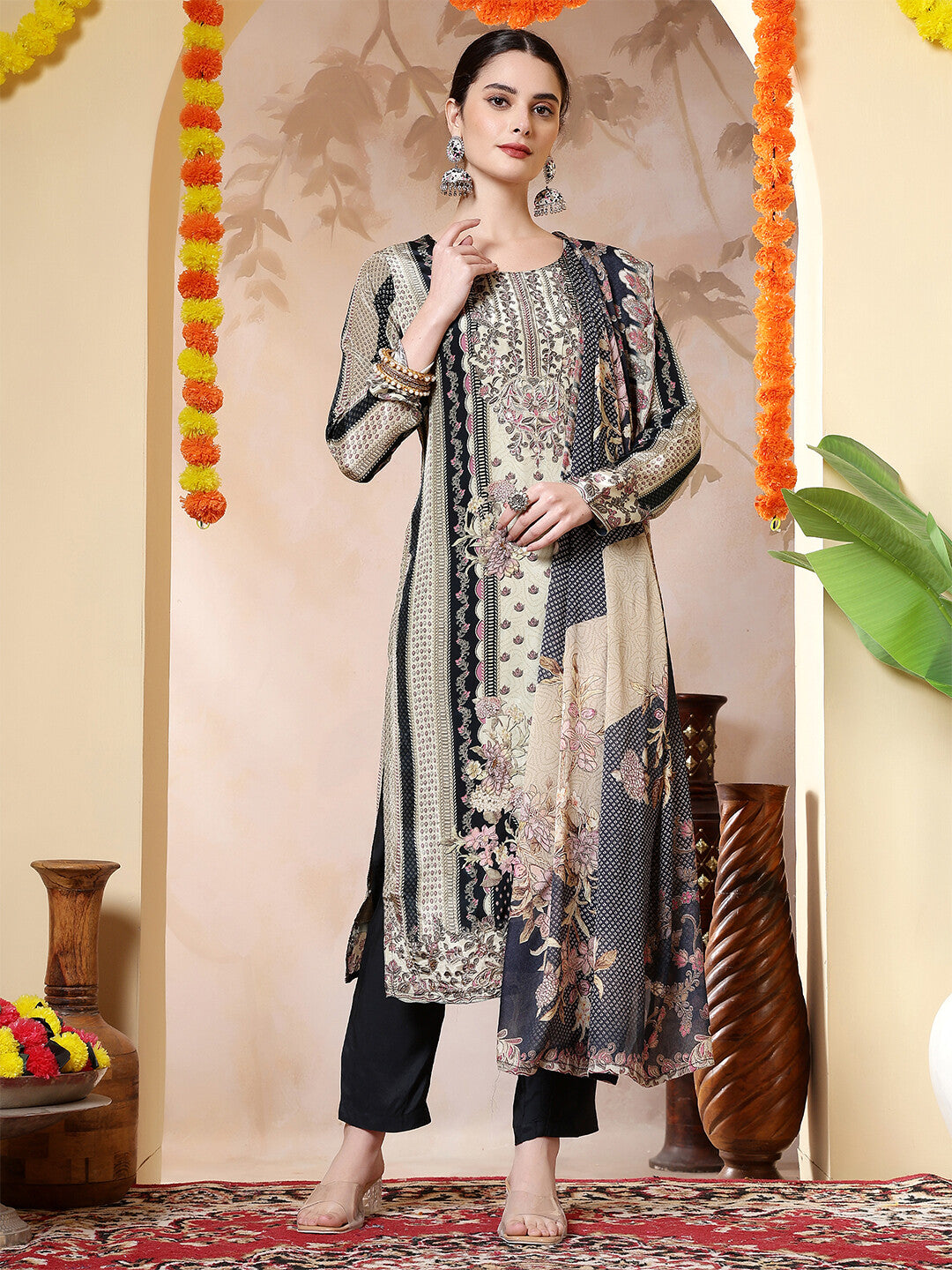 Floral Embroidered Straight Kurta & Trousers Sets