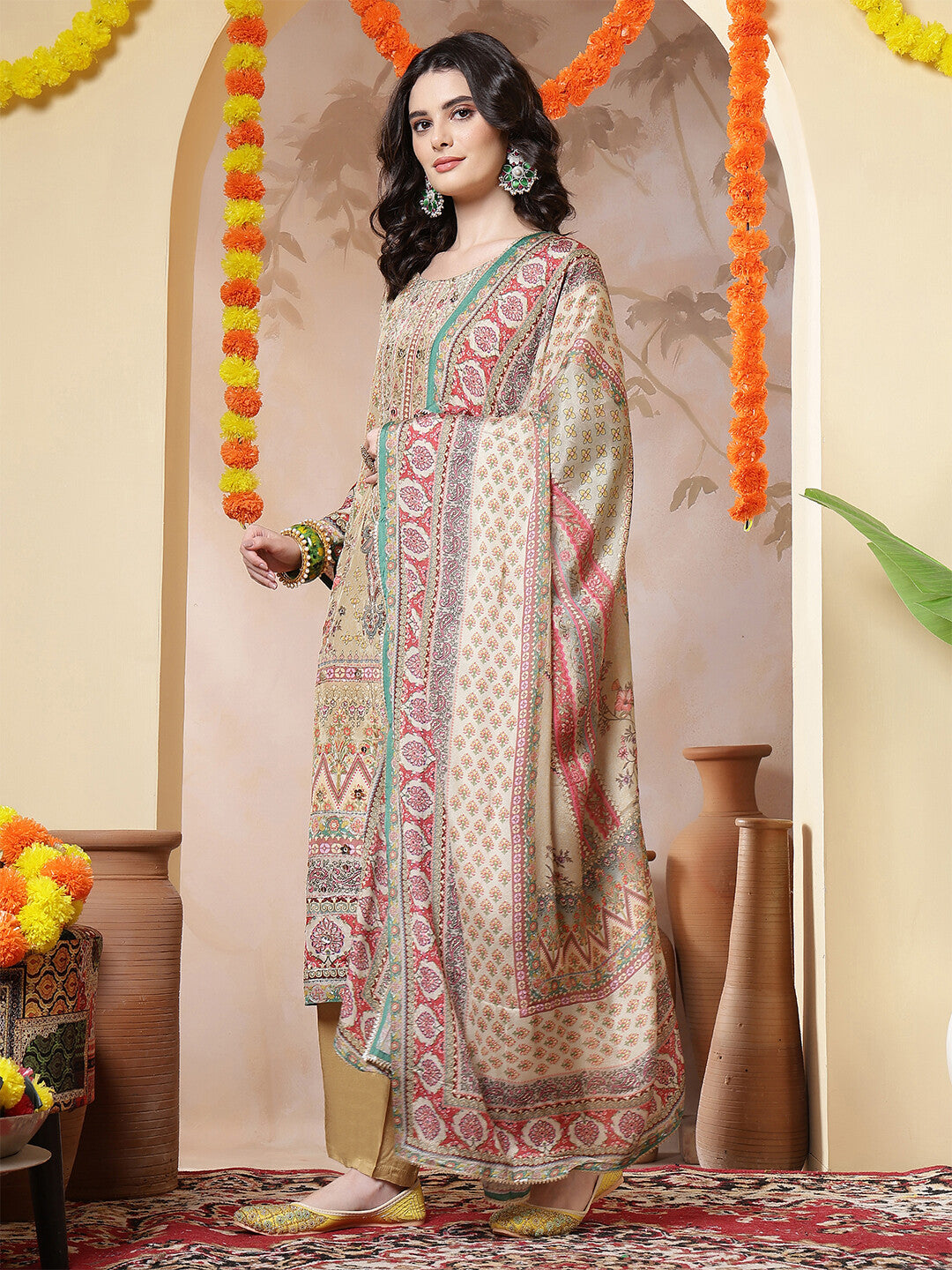 Floral Embroidered Straight Kurta & Trousers Sets