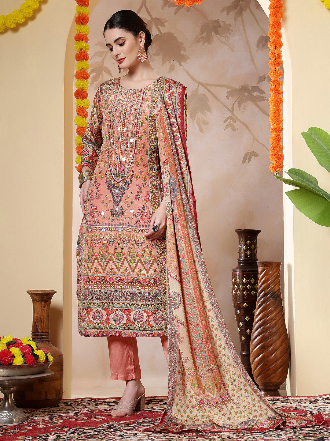 Floral Embroidered Straight Kurta & Trousers Sets
