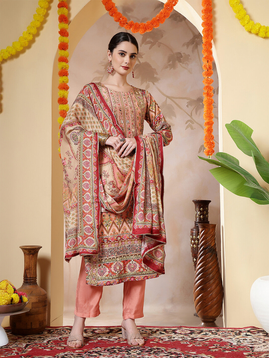Floral Embroidered Straight Kurta & Trousers Sets
