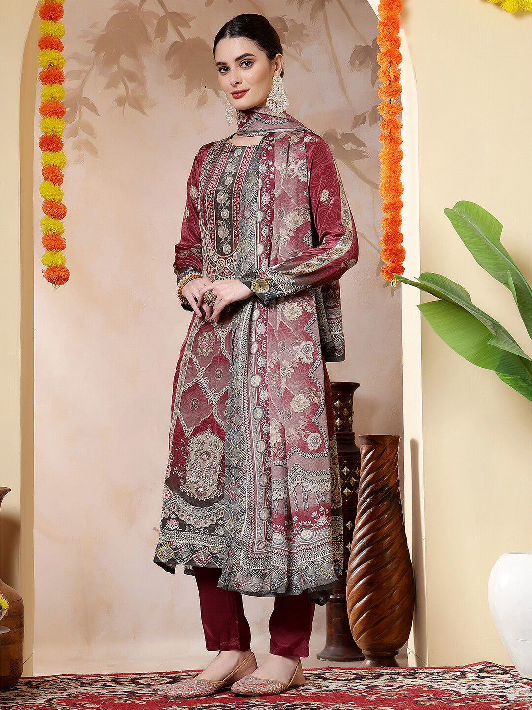 Floral Embroidered Straight Kurta & Trousers Sets