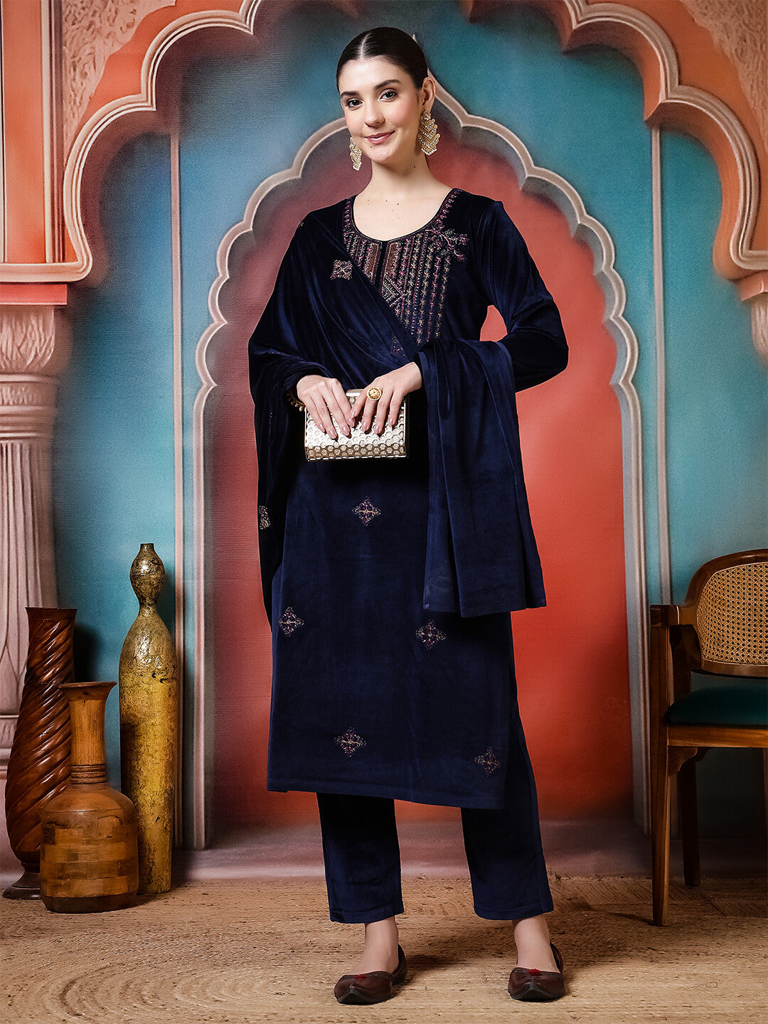 Floral Embroidered Straight Winter Wear Kurta & Trousers Sets