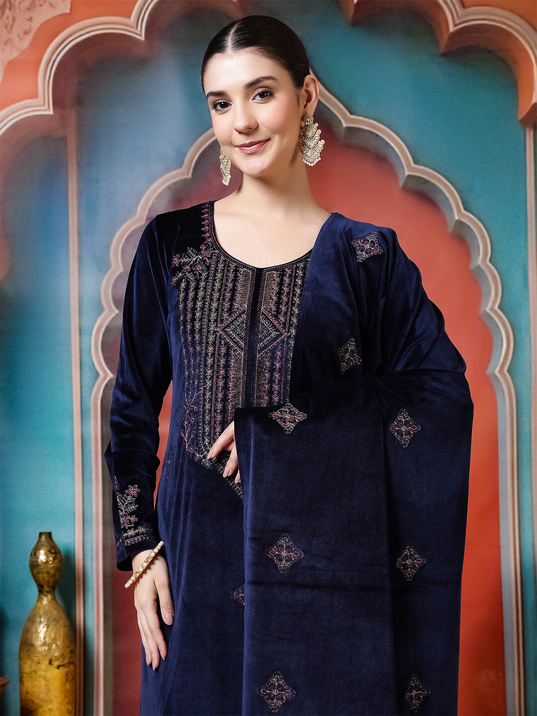 Floral Embroidered Straight Winter Wear Kurta & Trousers Sets