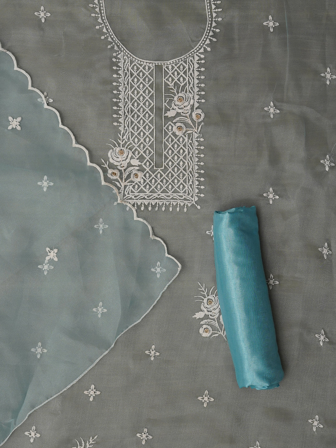Unstitched Embroidered Organza Sky Blue Dress Material With Dupatta