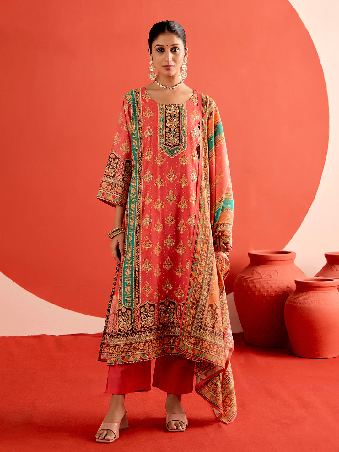 Pink Embellished Ethnic Printed Festive Kurta Set With Dupatta