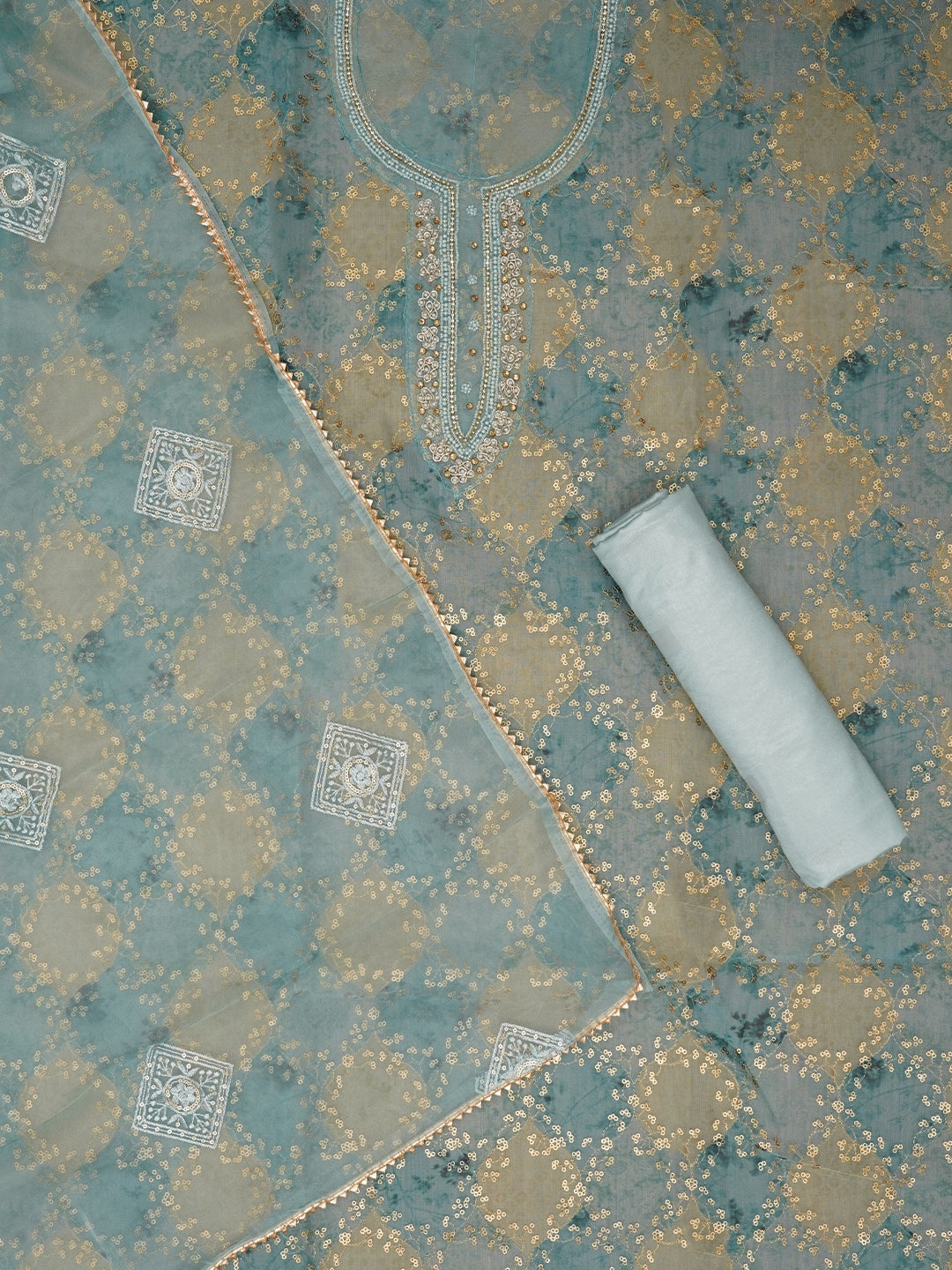 Multi Color Sequin Embellished Organza Dress Material with Dupatta