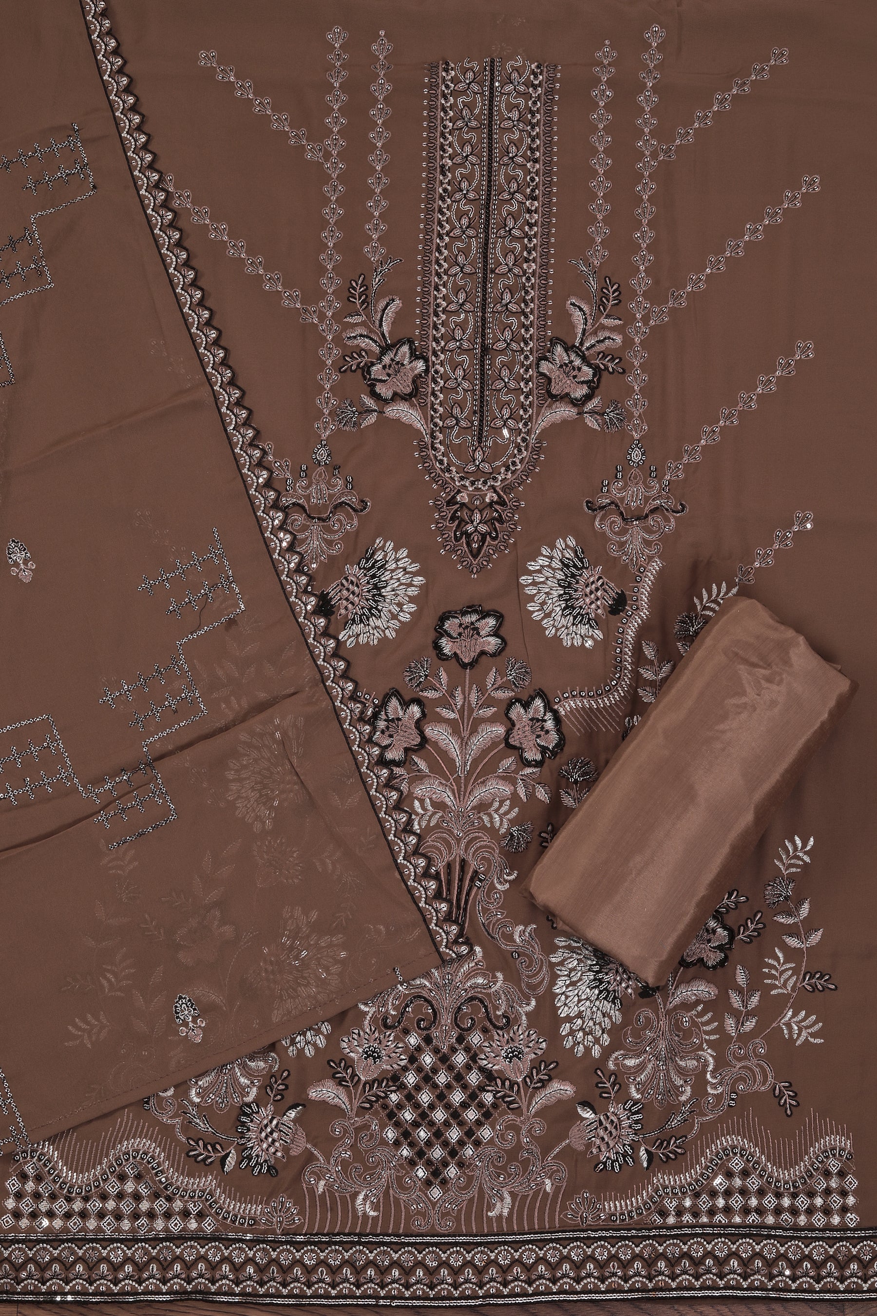 Brown Heavy Embroidered Poly Georgette Dress Material with Dupatta