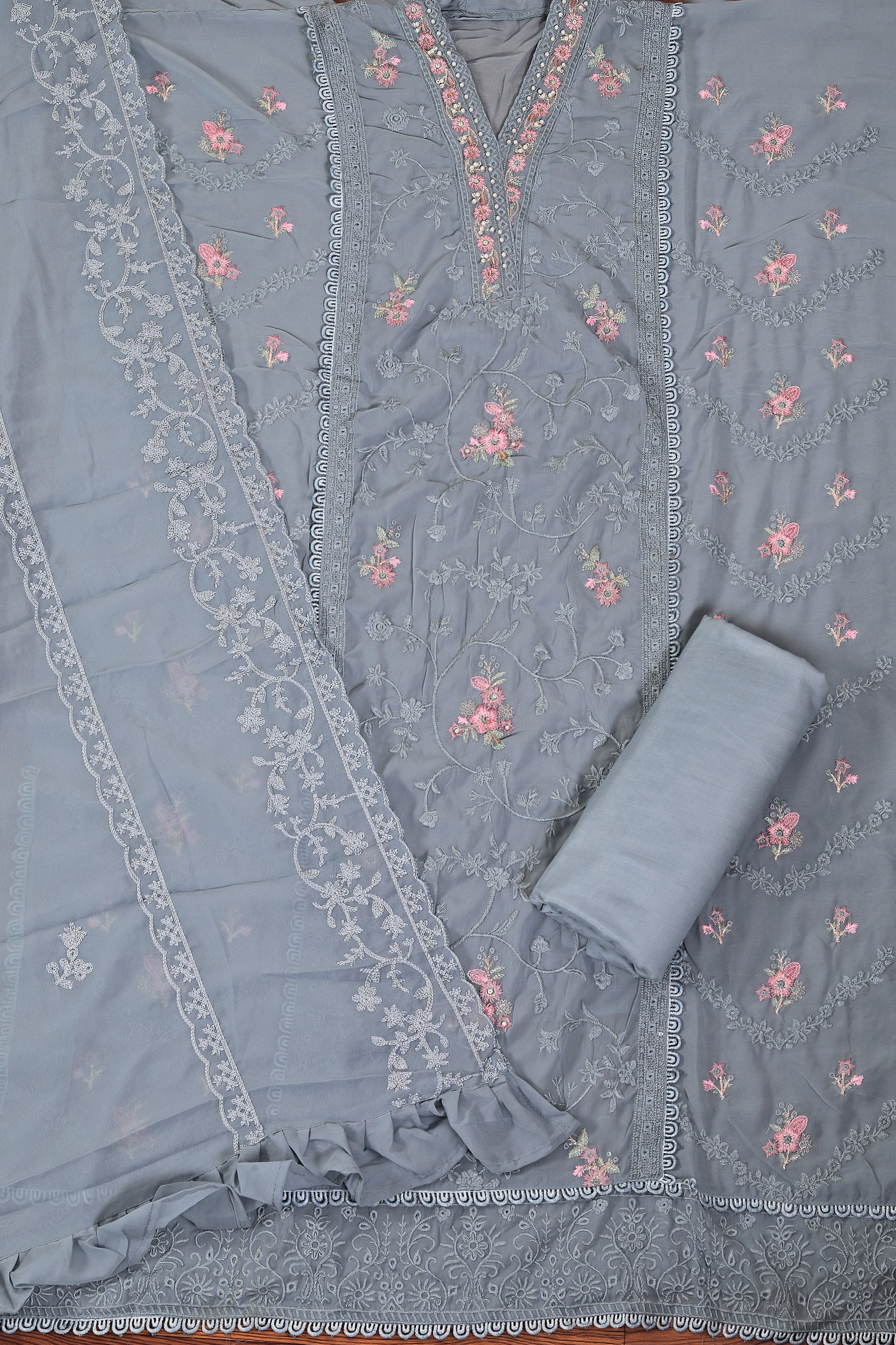Heavy Embroidered Poly Georgette Light Blue Dress Material with Dupatta