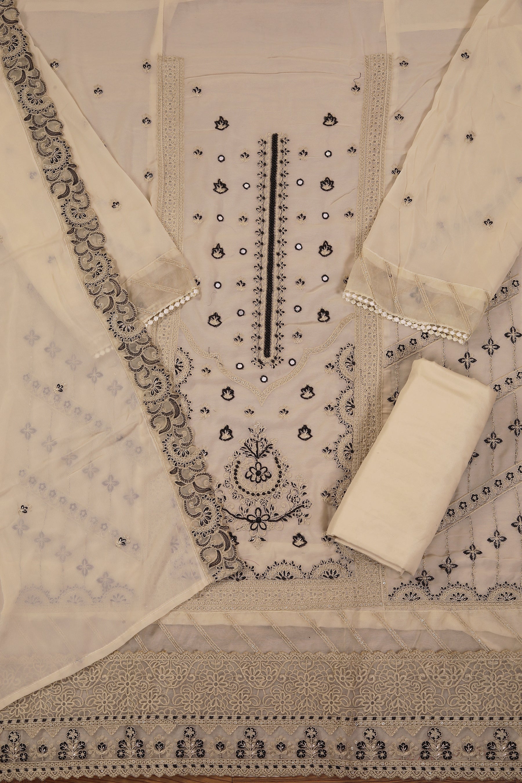 Cream Embroidered Poly Georgette Dress Material with Dupatta