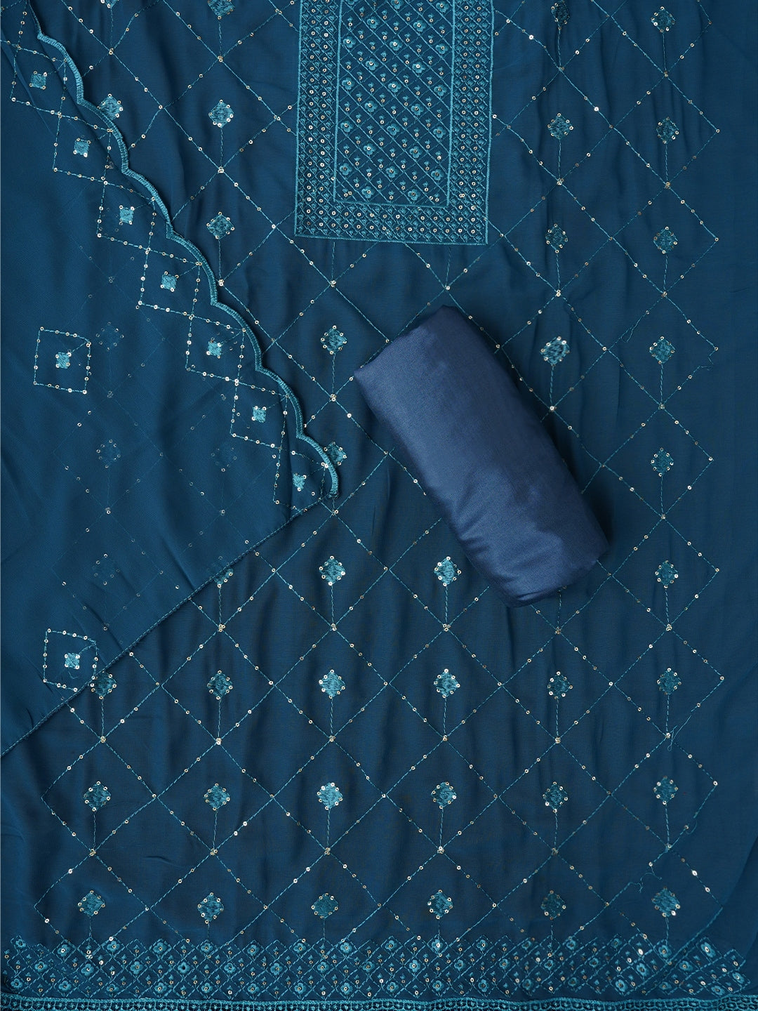 Teal Embroidered Silk Georgette Dress Material with Dupatta