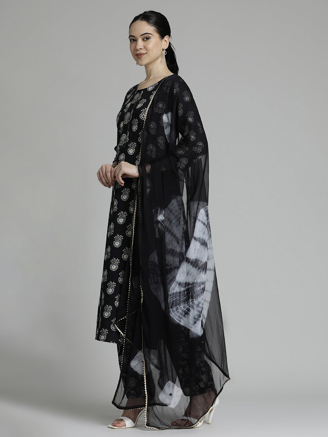 Ethnic Printed Cotton Black Kurta Set With Dupatta