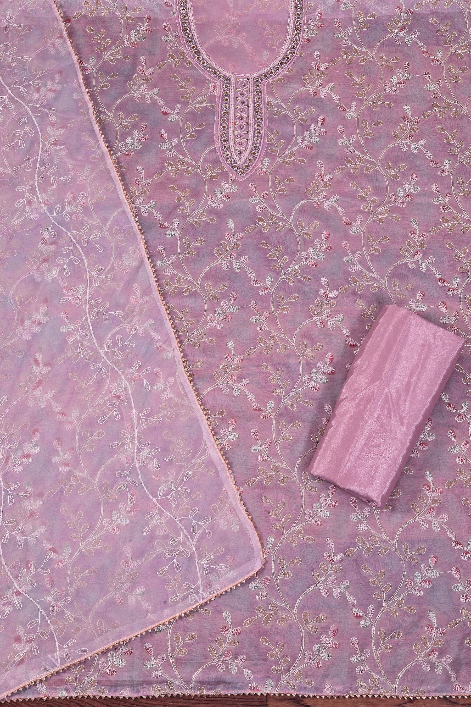 Lavender Organza Embellished Dress Material With Dupatta