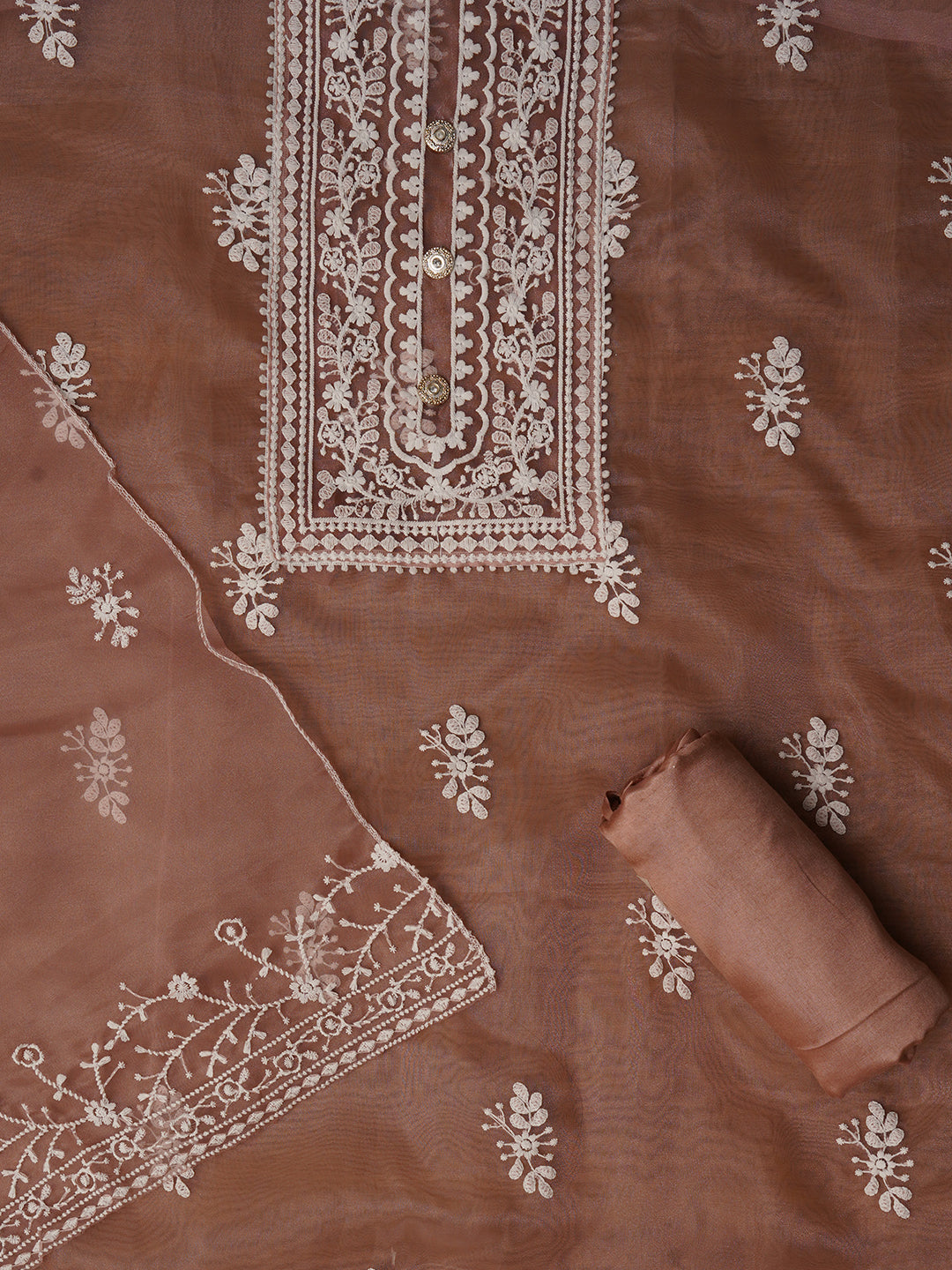 Unstitched Peach Embroidered Organza Dress Material With Dupatta