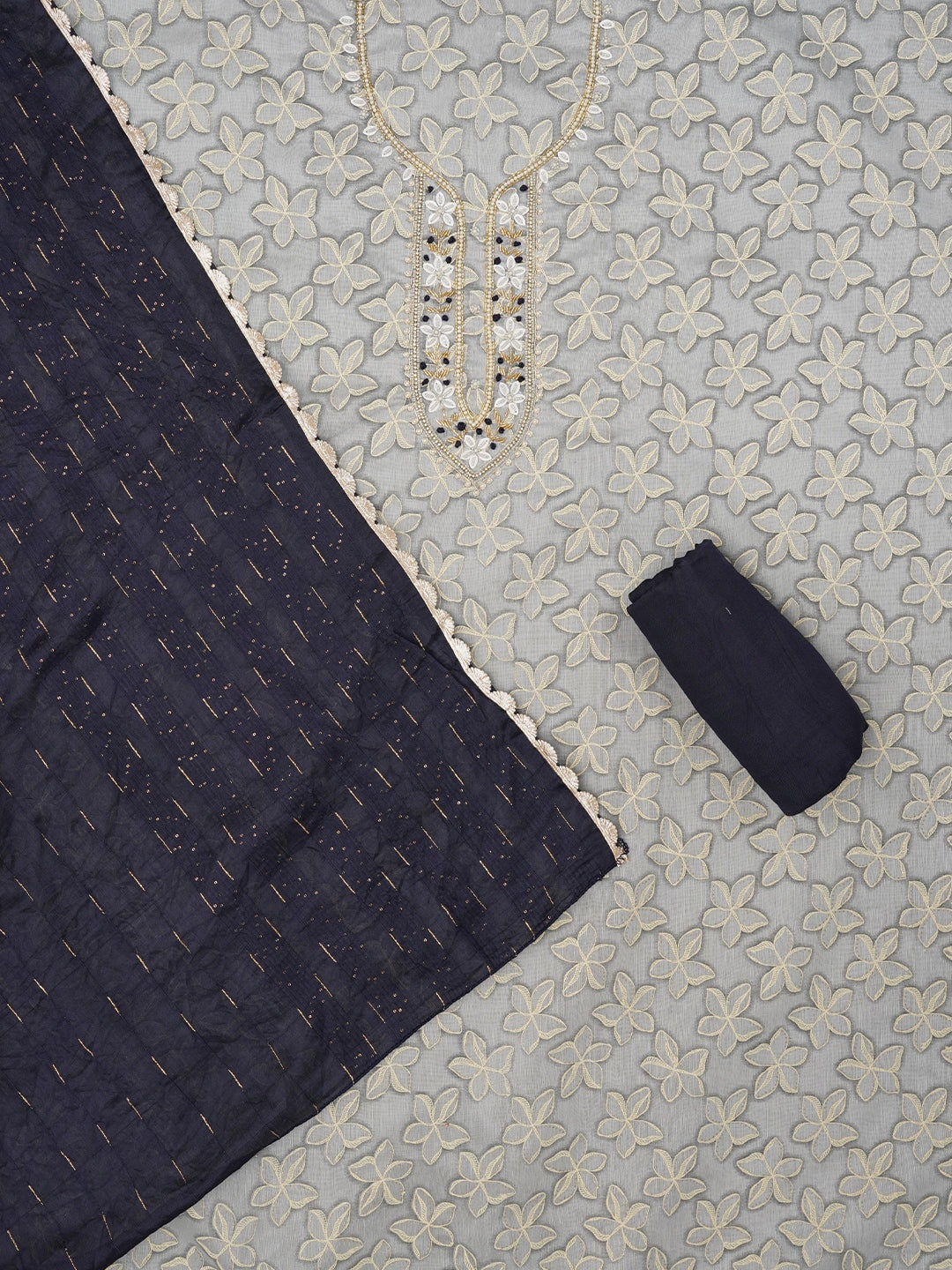 Grey Floral Printed Embellished Cotton Dress Material with Dupatta