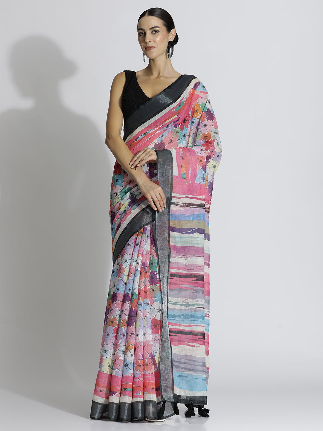 Floral Printed Daily Wear Pure Linen Multi Saree