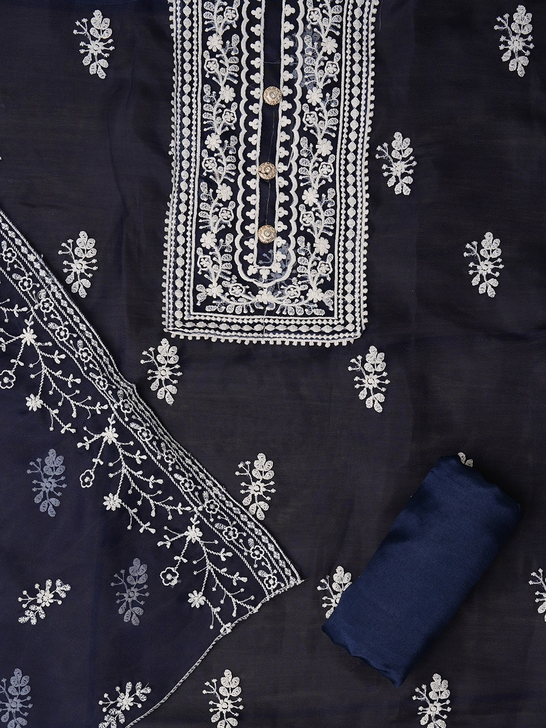 Unstitched Blue Embroidered Organza Dress Material With Dupatta