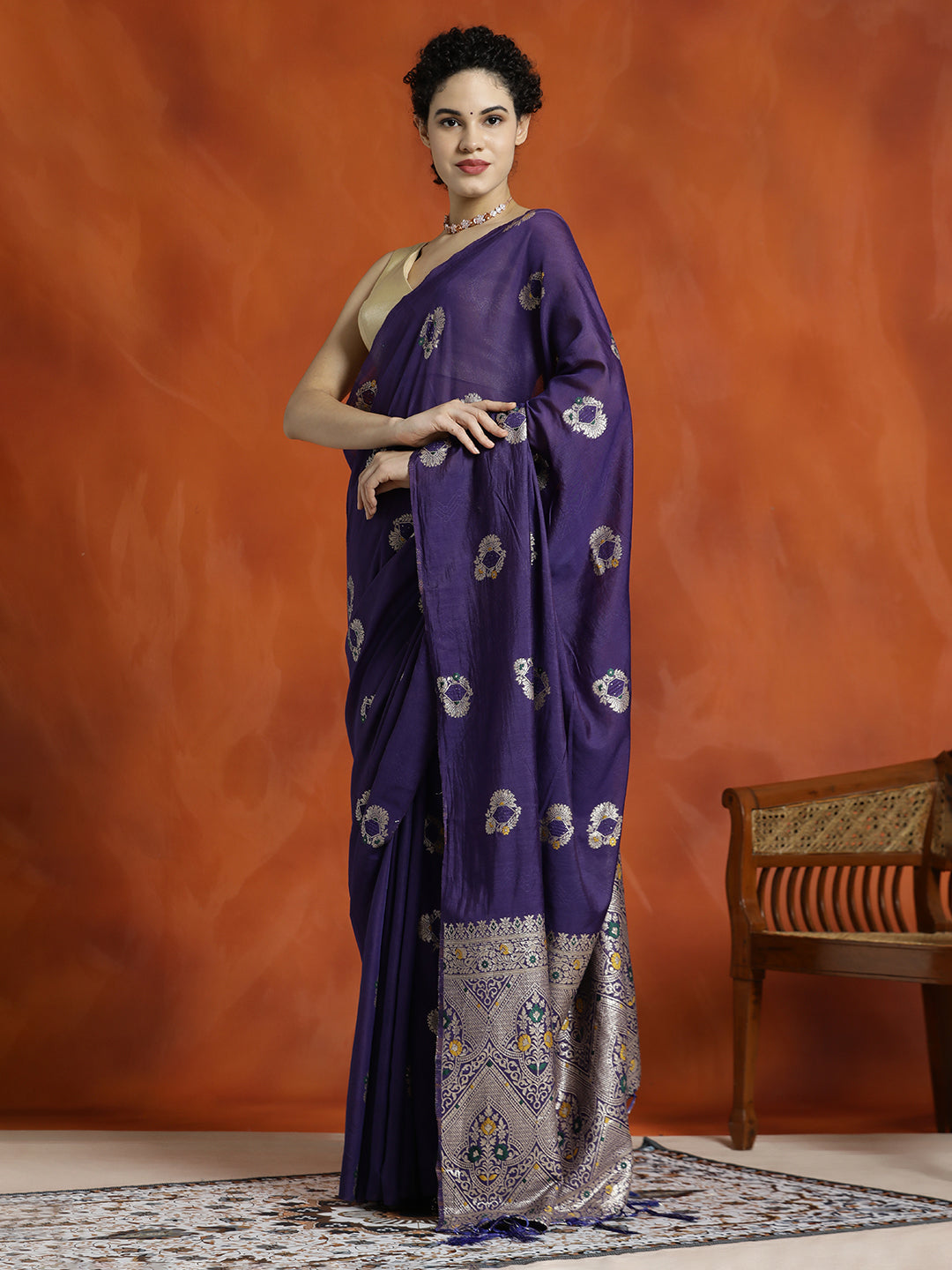 Navy Blue Silk Blend Banarasi Zari Woven Saree
