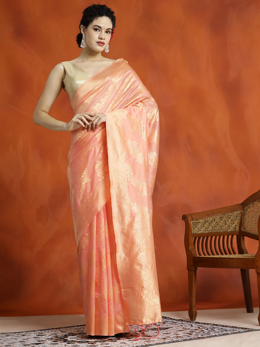 Peach Heavy Banarasi Zari Woven Silk Blend Saree