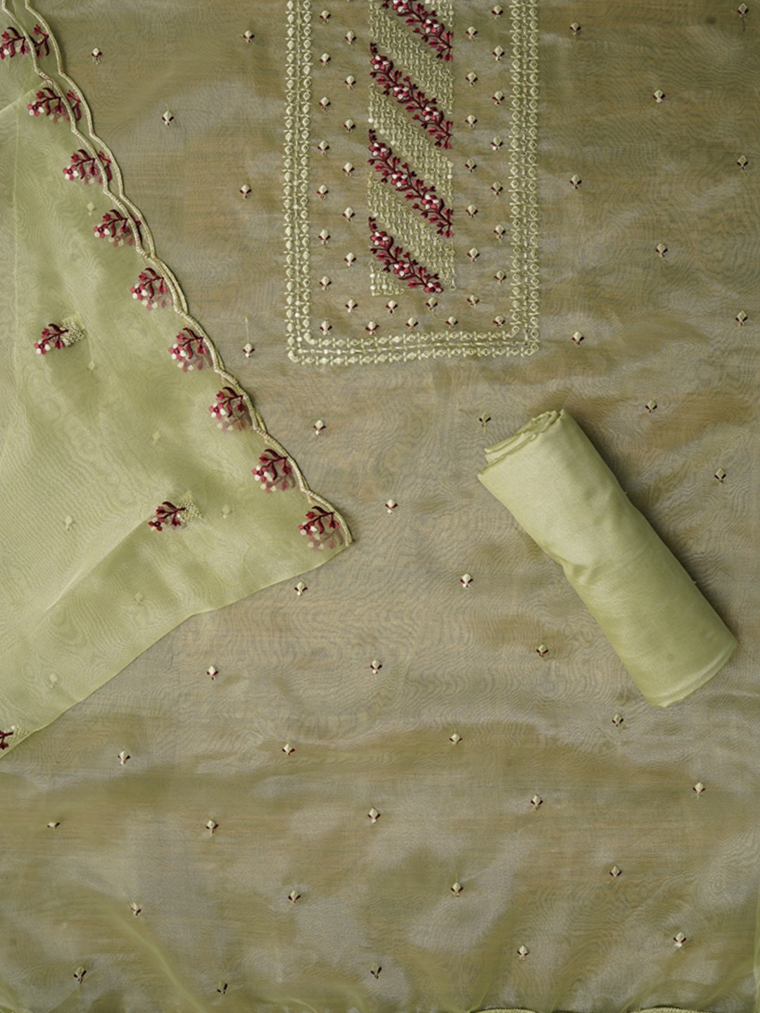Zari Embroidered Organza Green Dress Material with Dupatta