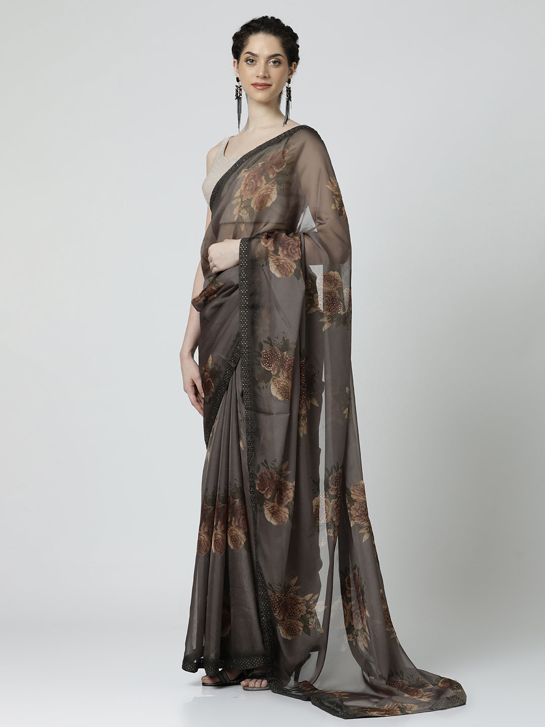 Brown Embellished Floral Printed Georgette Saree