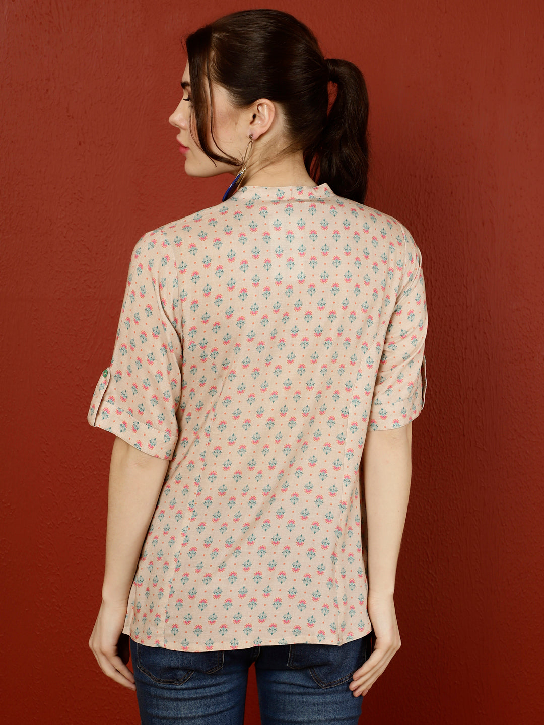 Beige Ethnic Printed Princess Cut Formal Top