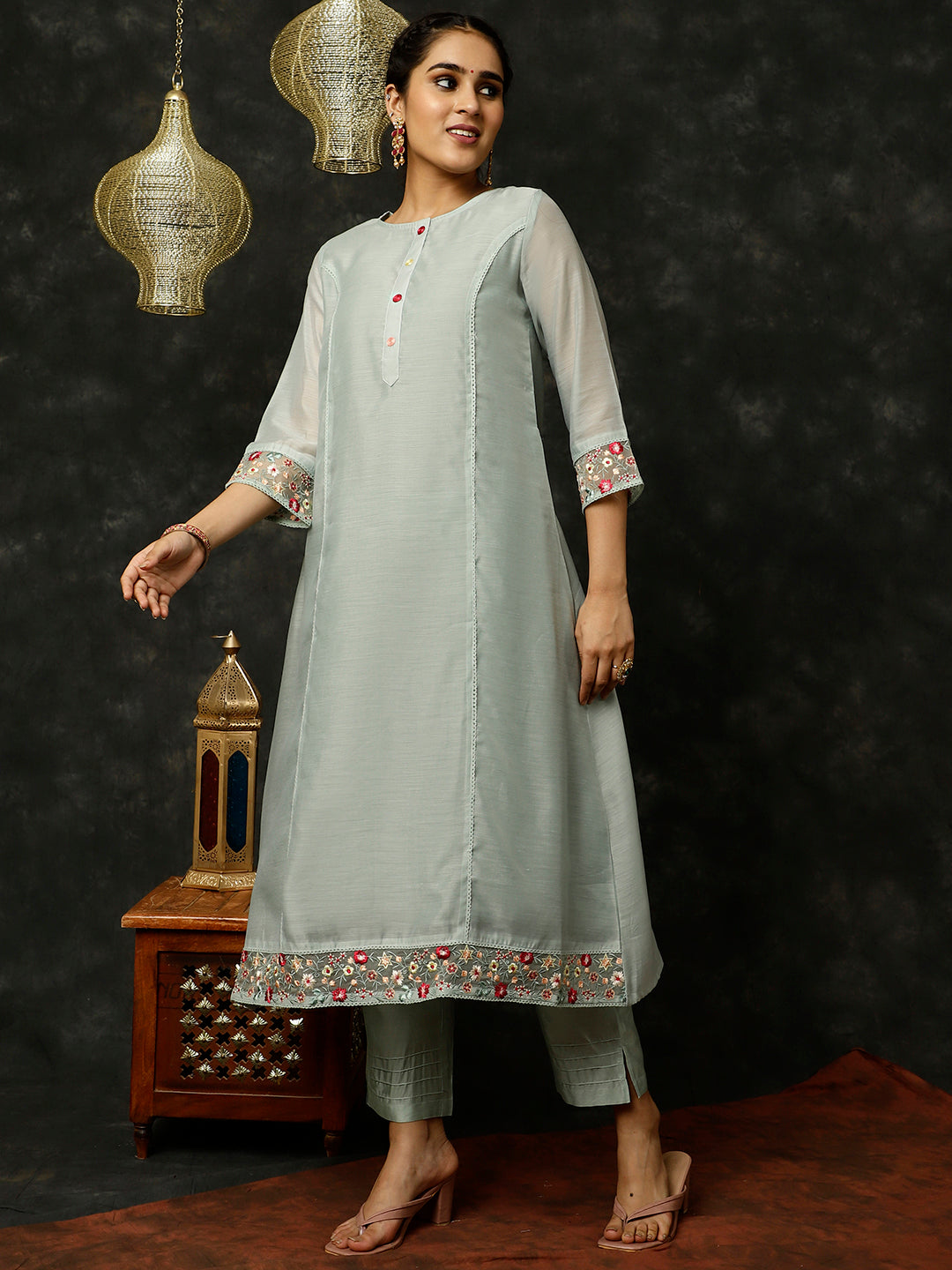 Blue Embroidered Art Silk Chanderi A-line Kurta With Pants And Dupatta