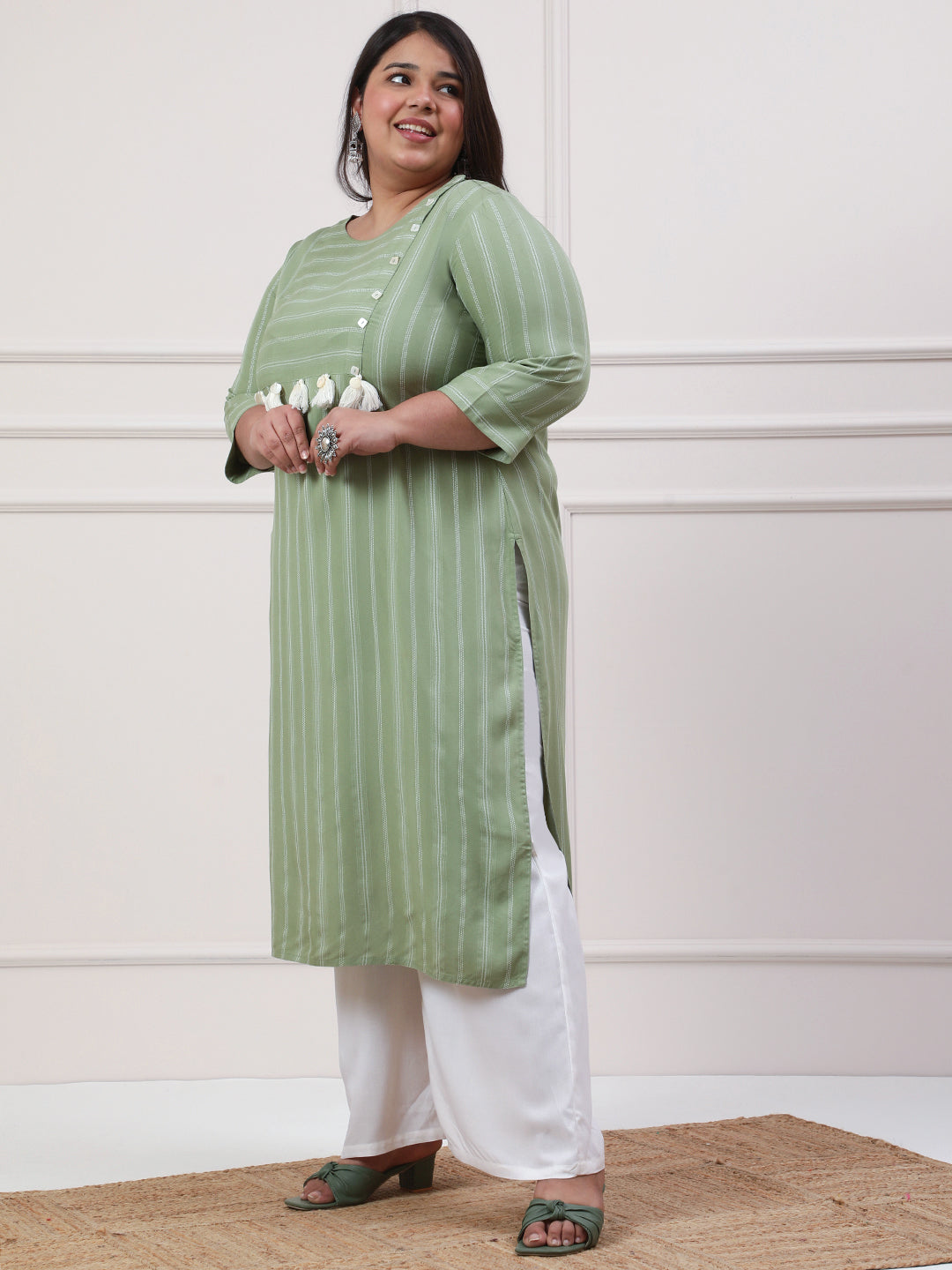 Plus Size Green Floral Printed Straight Kurta