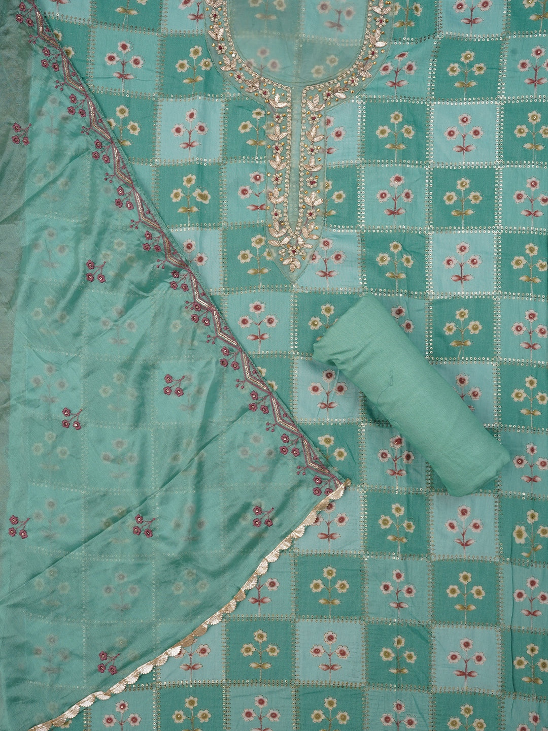 Sequin Embellished Silk Blend Multi Color Dress Material with Dupatta