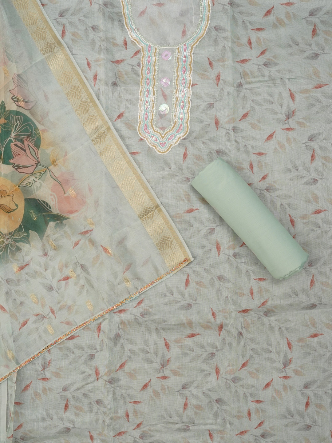 Sea Green Sequin Work Floral Printed Cotton Blend Dress Material with Dupatta