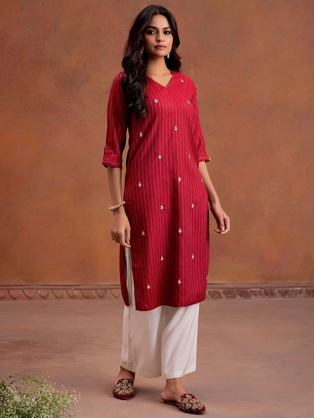 Maroon Self Woven Embroidered Straight Kurta