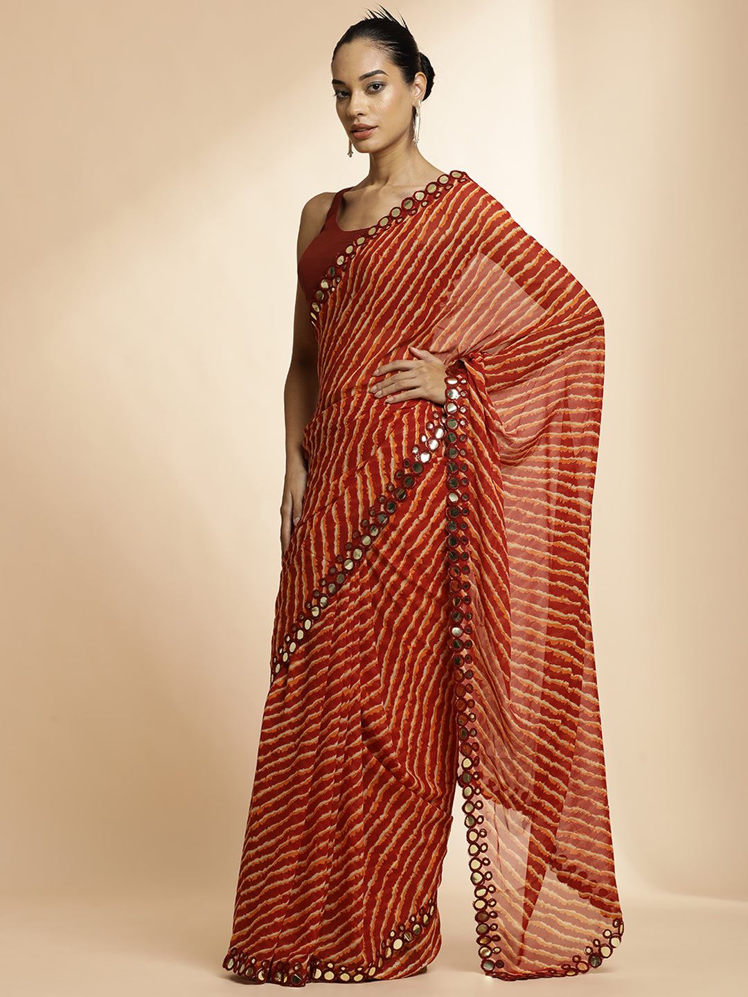 Chiffon Leheriya Mirror Work Saree