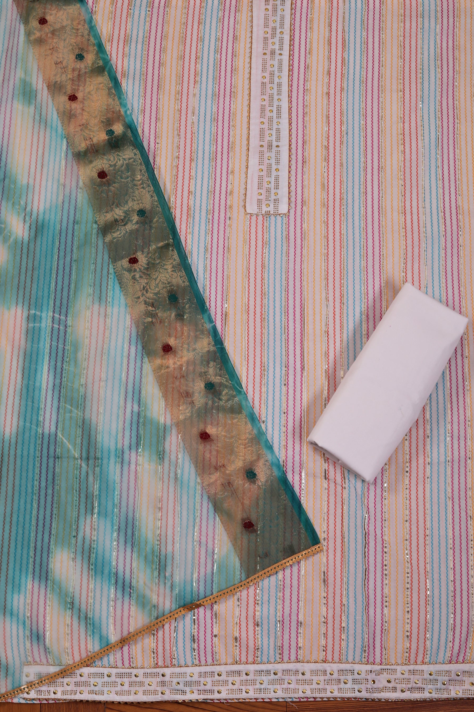 Blue Embellished Cotton Blend Dress Material with Dupatta