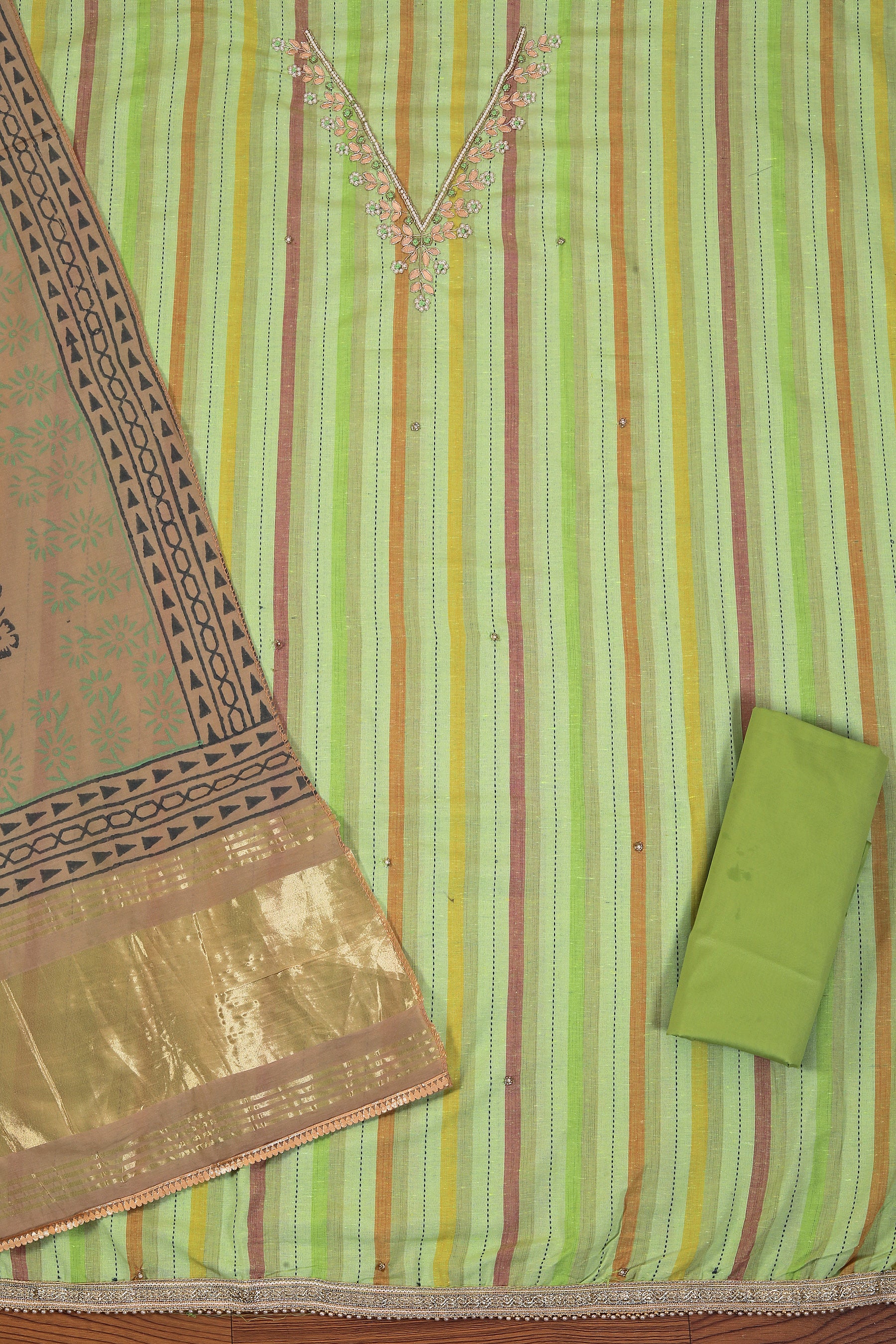 Mint Green Printed Cotton Blend Gota Patti Dress Material with Dupatta