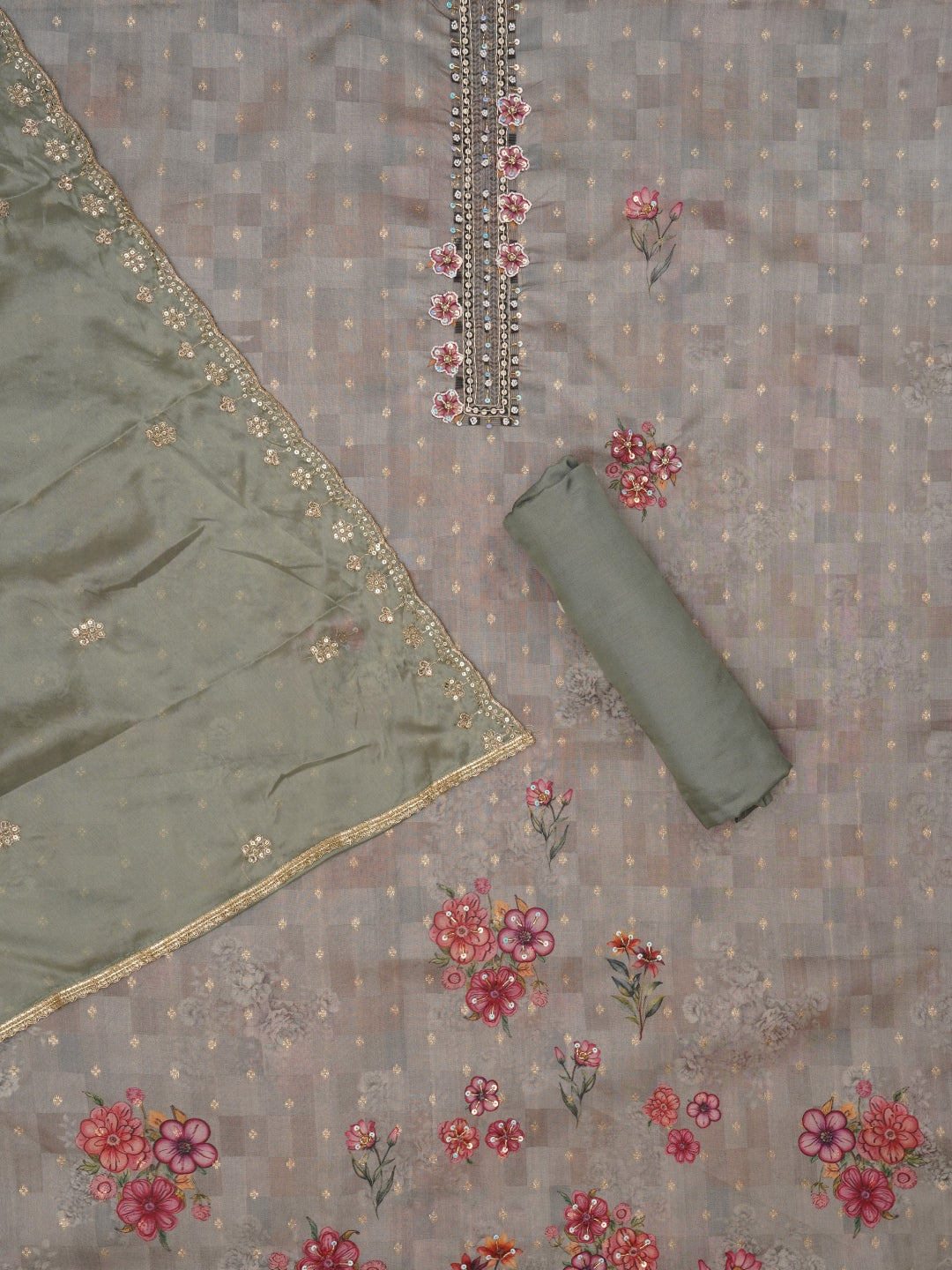Sea Green Floral Printed Embellished Cotton Dress Material with Dupatta