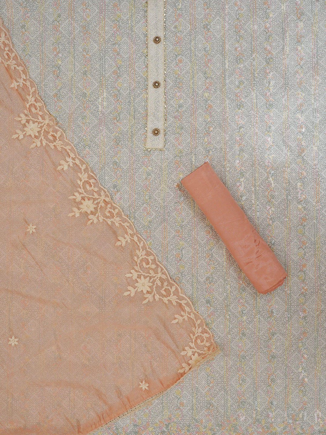 Sequin Off White Embroidered Silk Blend Dress Material with Dupatta