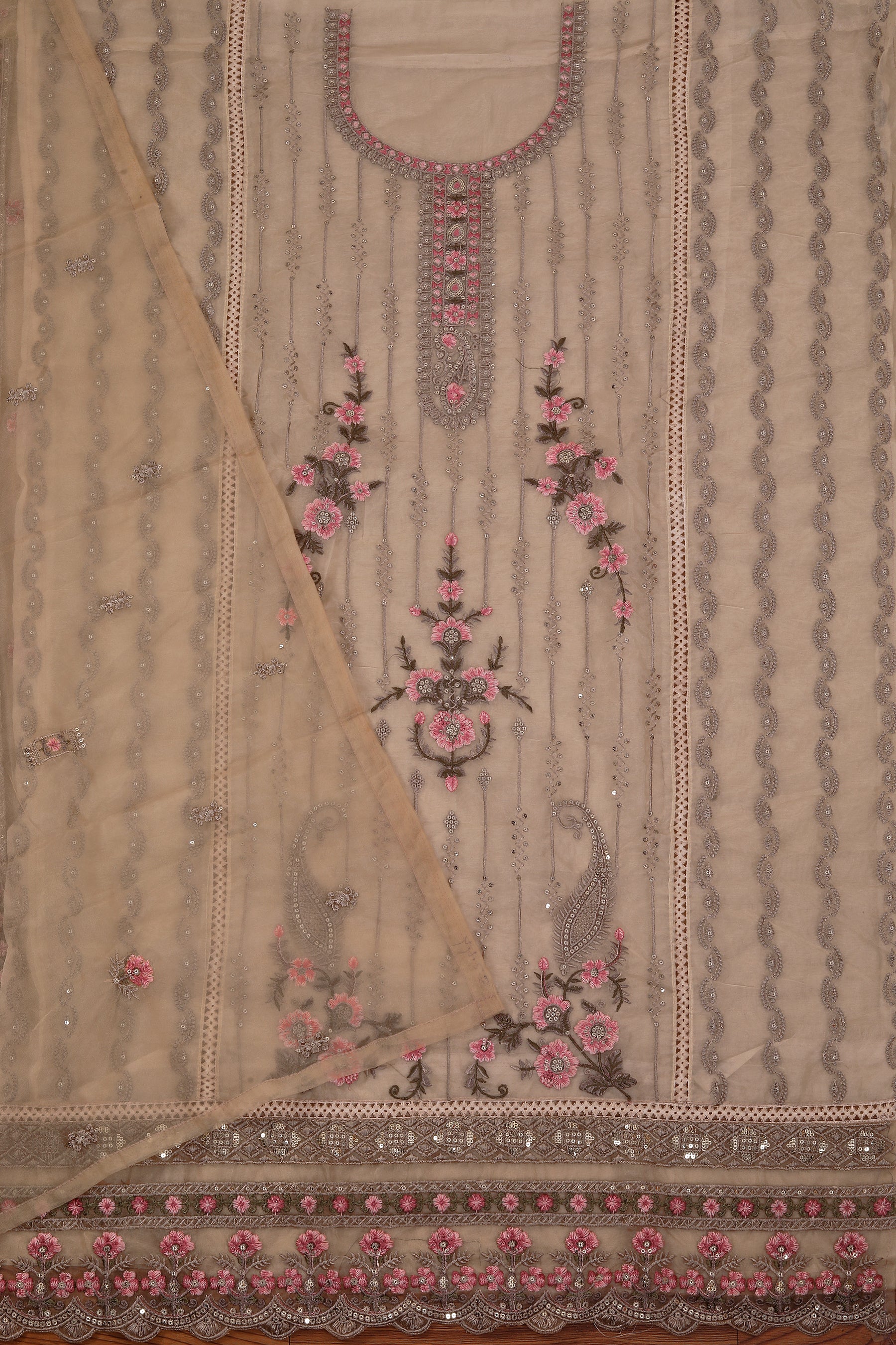 Cream Embroidered Organza Dress Material With Dupatta