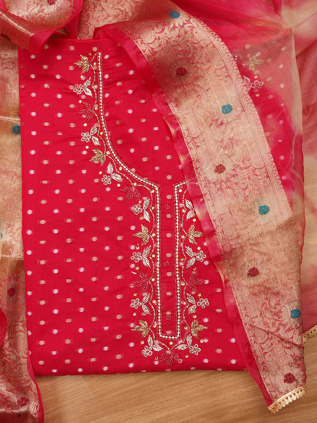 Unstitched Pink Silk Blend Embellished Dress Material With Dupatta
