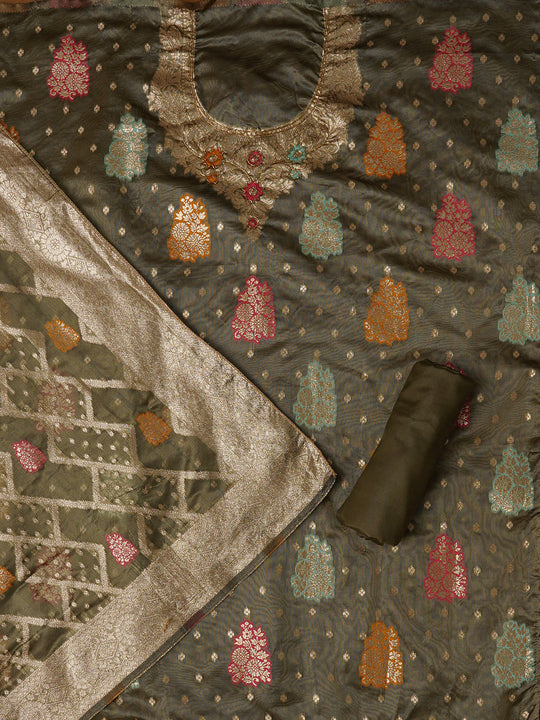 Unstitched Woven Design Silk Blend Green Dress Material With Dupatta