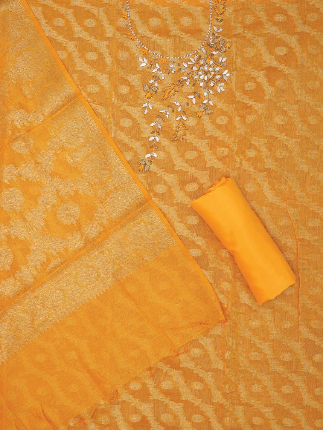 Mustard Zari Woven Silk Blend Dress Material with Dupatta