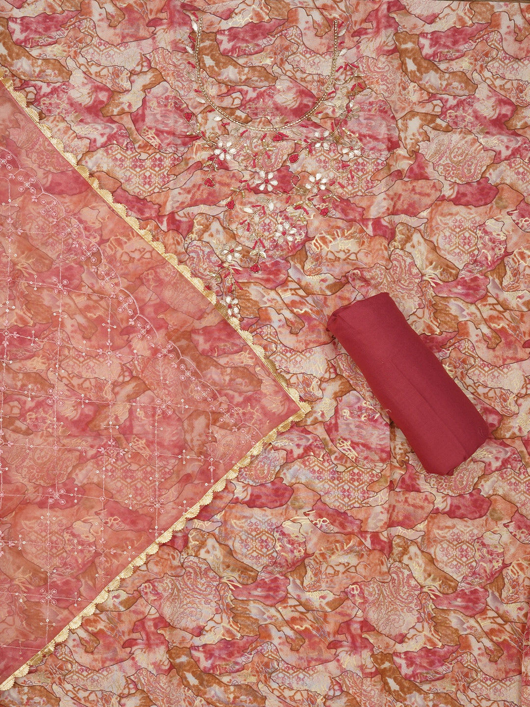 Multicolor Abstract Printed Embroidered Dress Material with Dupatta