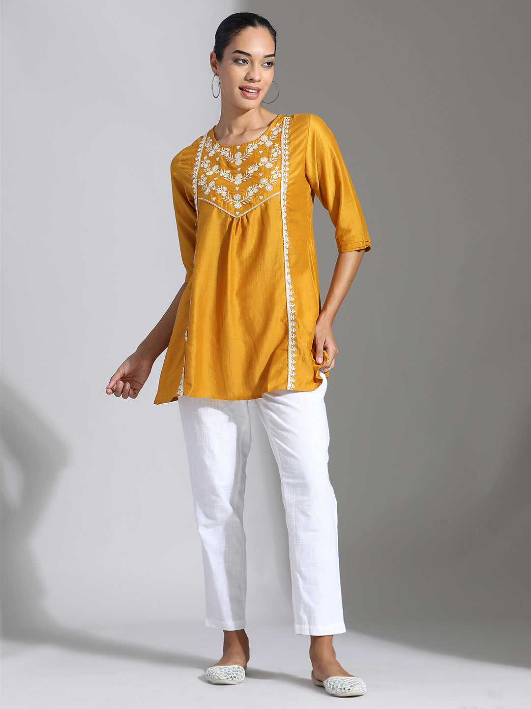 Mustard Embroidered Party Wear Gathered Top