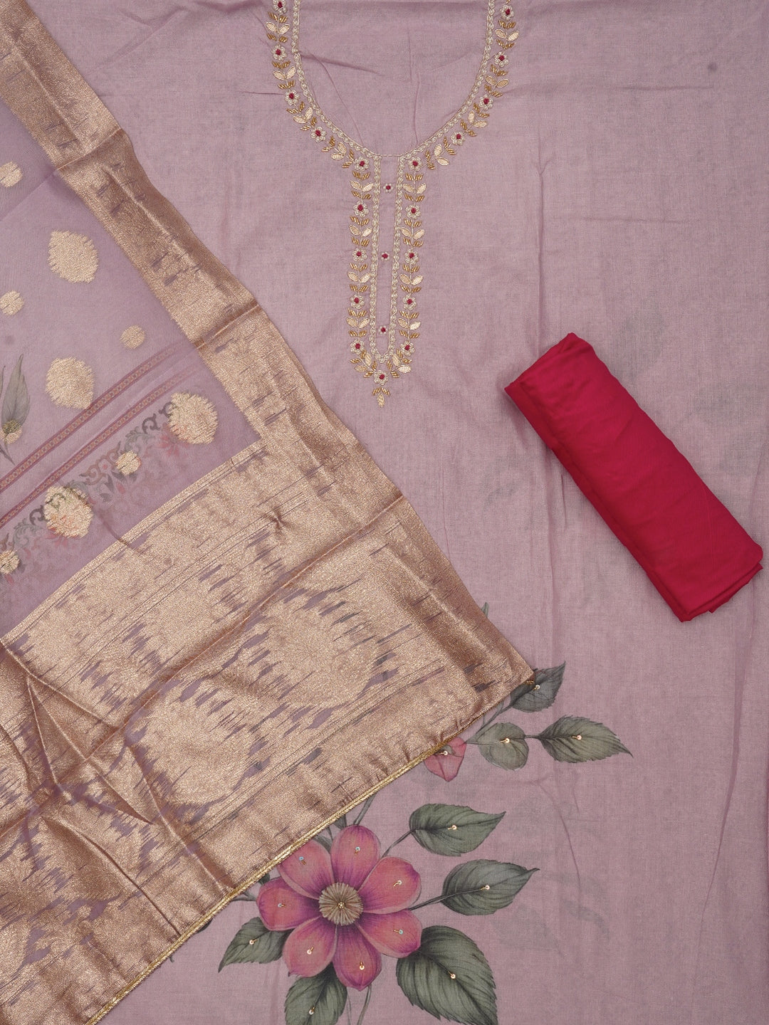 Pink Embellished Floral Printed Cotton Blend Dress Material with Dupatta