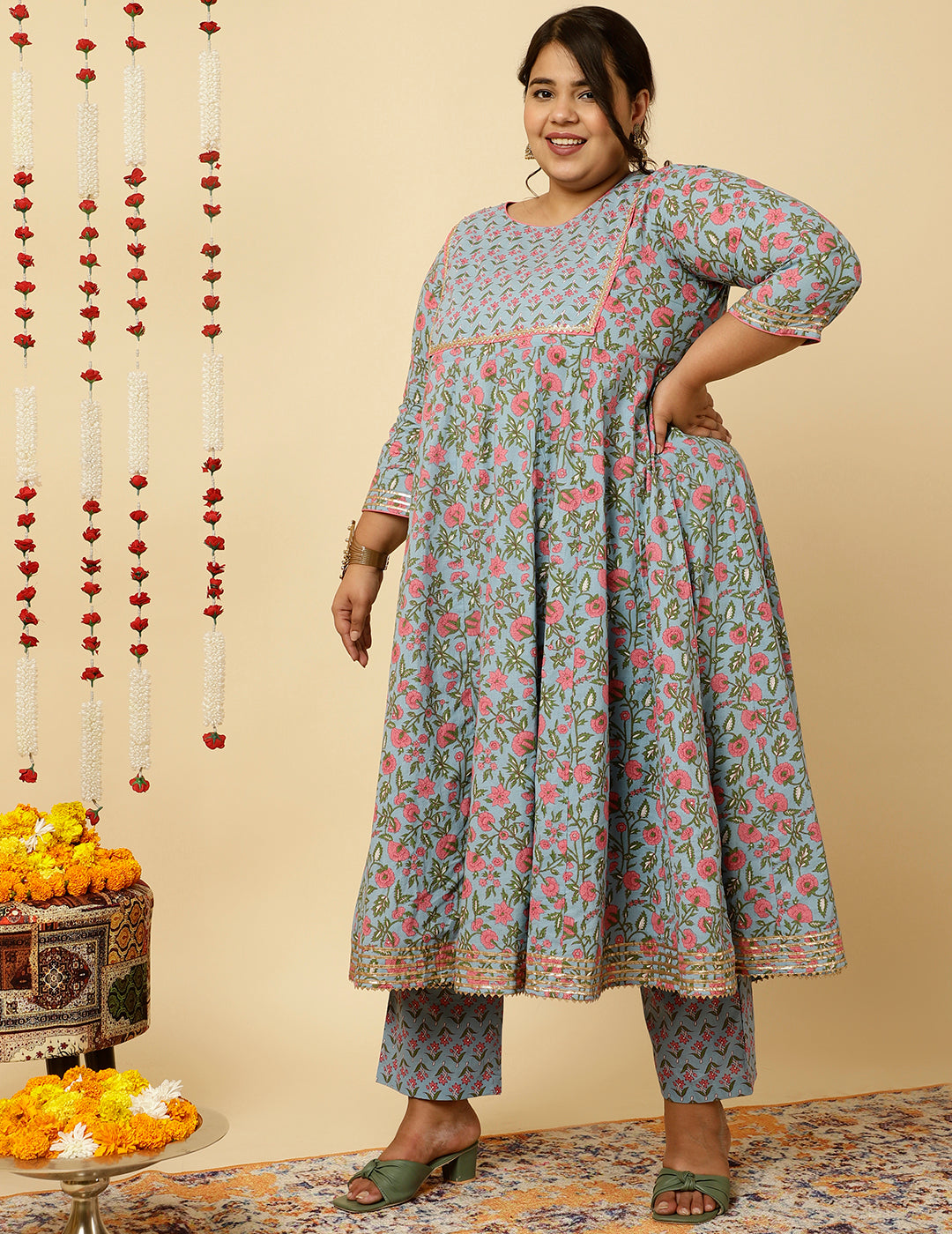 Plus Size Blue Ethnic Print Anarkali Kurta With Pants And Dupatta