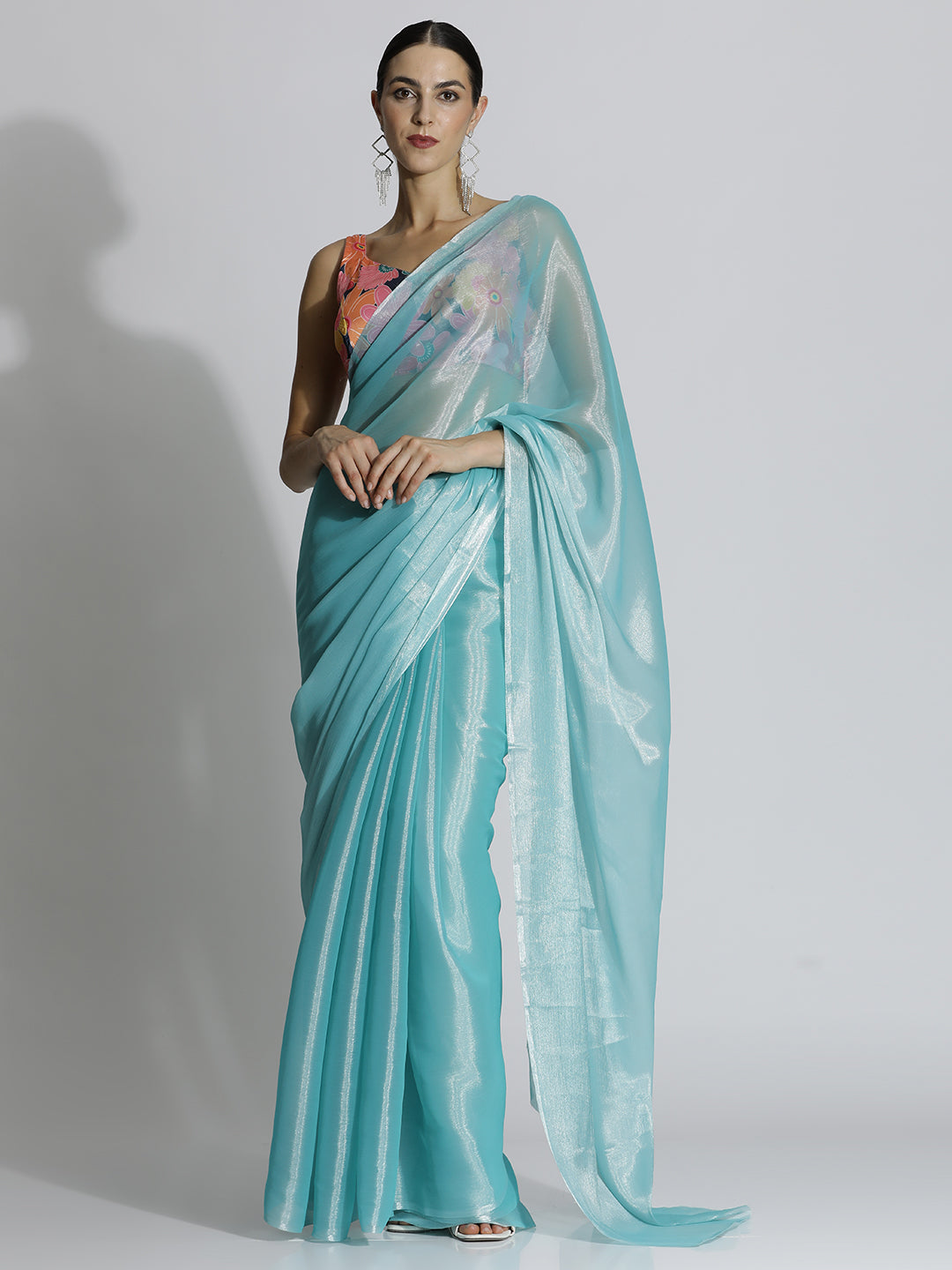 Sky Blue Festive Tissue Solid Saree