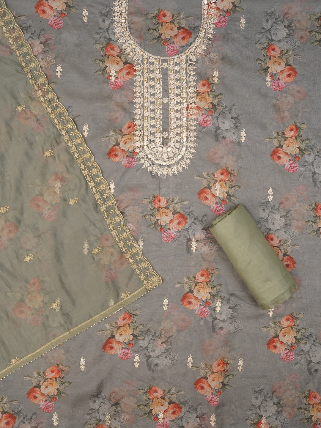 Mehandi Green Floral Printed Sequin Embroidered Dress Material with Dupatta